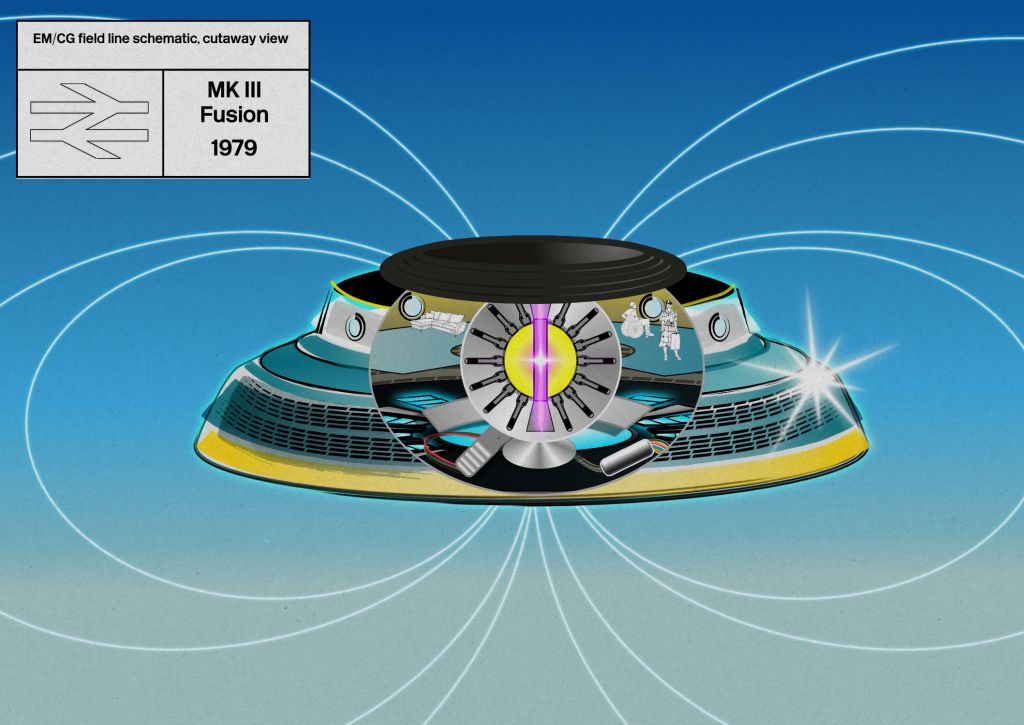 Colour cutaway diagram of a flying saucer in teal and yellow 1970s British Rail livery, showing the fusion engine and passengers inside.