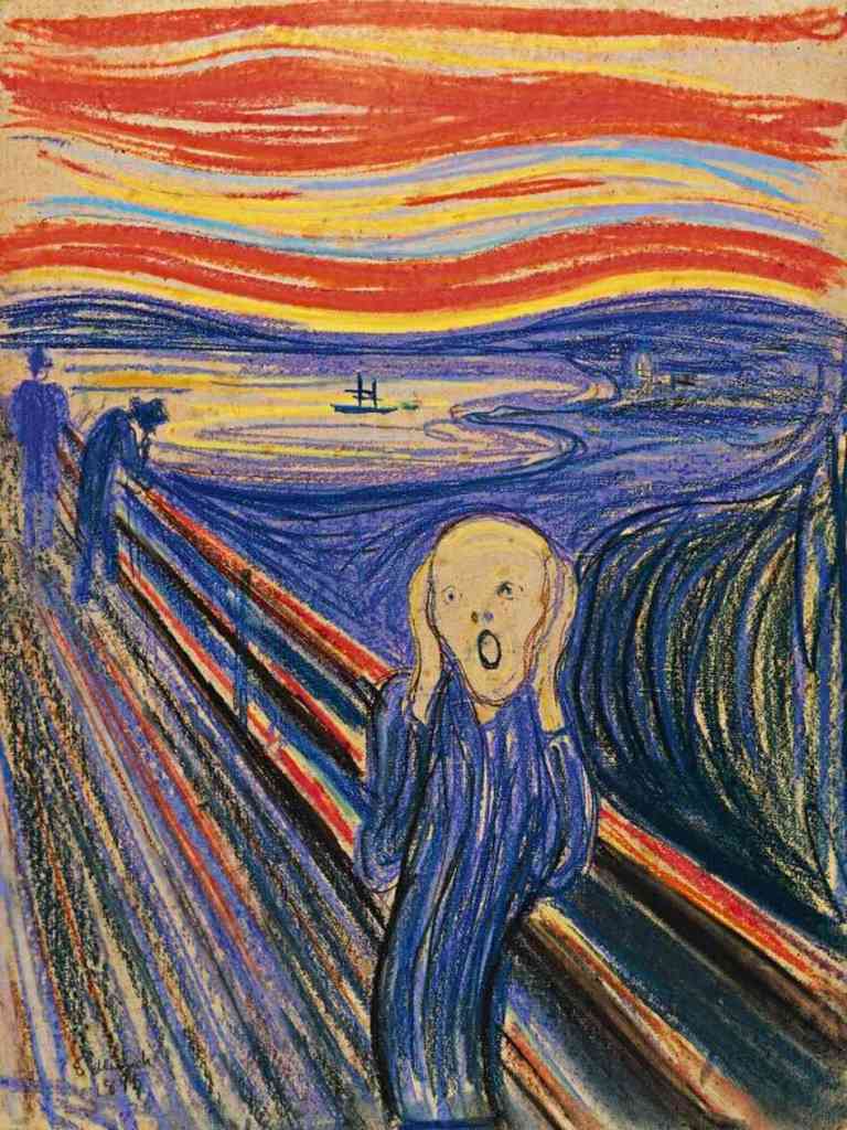Edvard Munch's Expressionist painting "The Scream", covered in swirling blue and red lines, with a person in the foreground clutching their skull-like head and screaming.