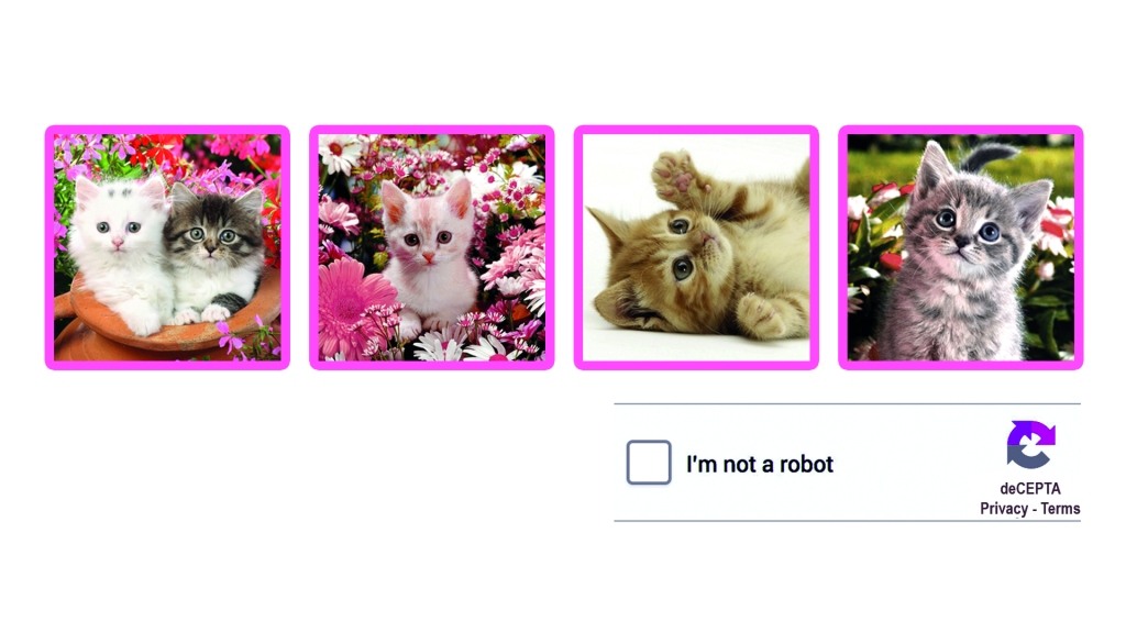 A CAPTCHA "I'm not a robot" screen with four pictures of kittens.