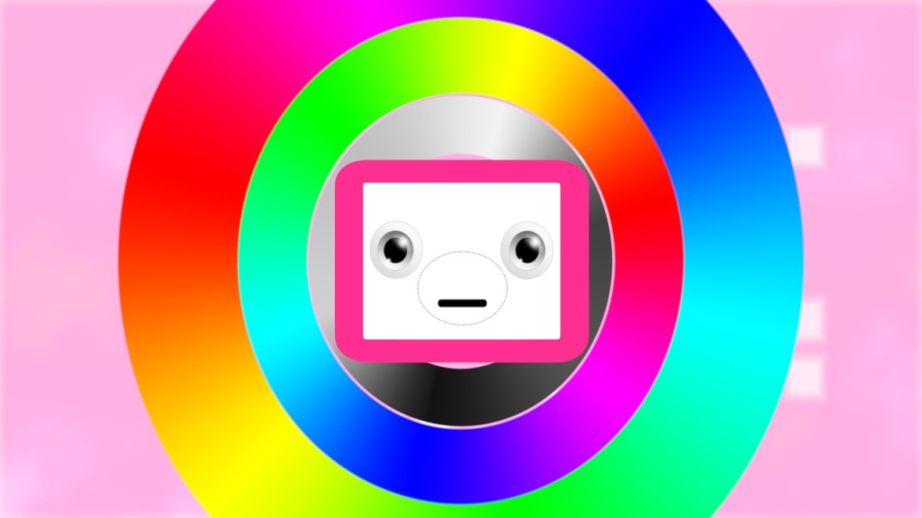 A cute face in the middle of two rainbow-coloured circles, against a pink background.