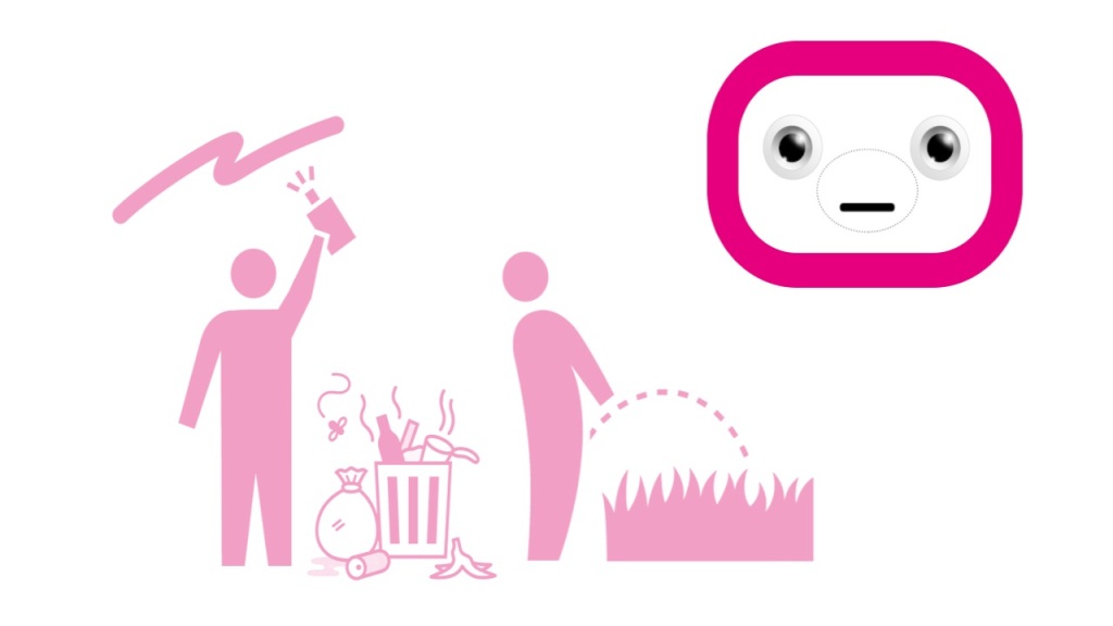 Icons showing a person spraying graffiti on a wall, surrounded by rubbish, and a person urinating on some grass. In the top right corner a cute face looks bemused.